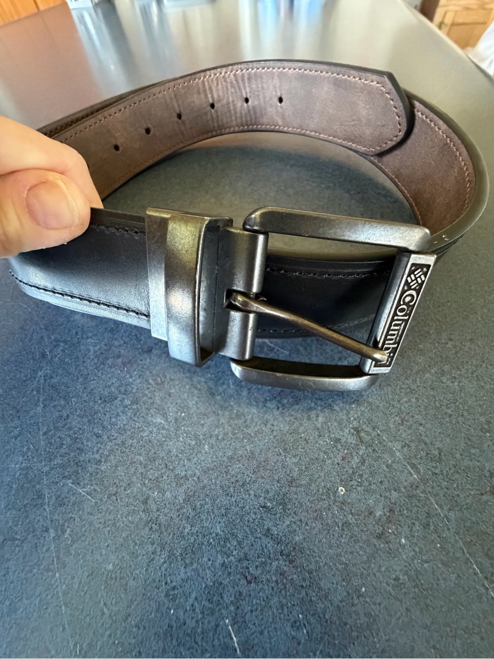 Columbia Men's Black/Brown Leather Belt with Brushed Metal Buckle